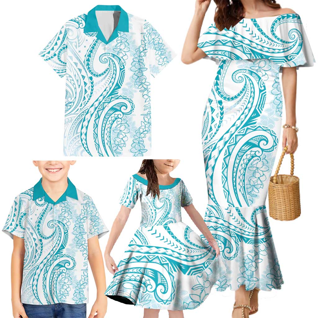 Polynesia Plumeria Lei Family Matching Mermaid Dress and Hawaiian Shirt White Turquoise Curves Motif LT7 - Polynesian Pride