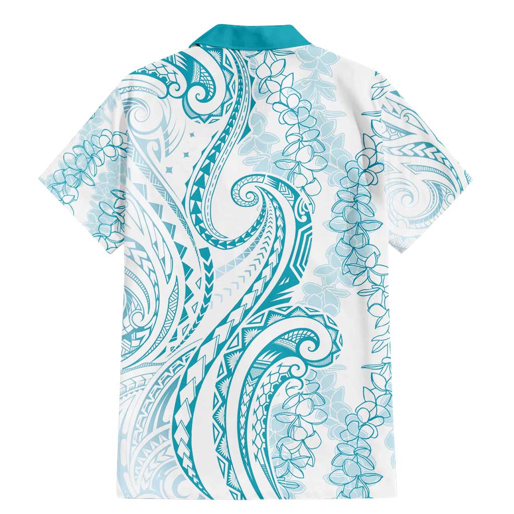 Polynesia Plumeria Lei Family Matching Mermaid Dress and Hawaiian Shirt White Turquoise Curves Motif
