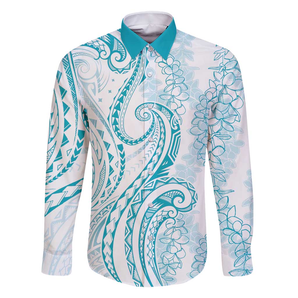 Polynesia Plumeria Lei Family Matching Mermaid Dress and Hawaiian Shirt White Turquoise Curves Motif