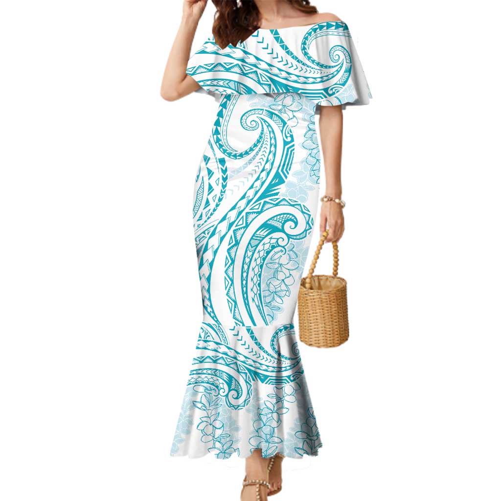 Polynesia Plumeria Lei Family Matching Mermaid Dress and Hawaiian Shirt White Turquoise Curves Motif