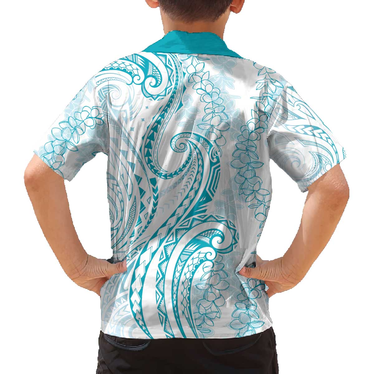 Polynesia Plumeria Lei Family Matching Off The Shoulder Long Sleeve Dress and Hawaiian Shirt White Turquoise Curves Motif LT7 - Polynesian Pride