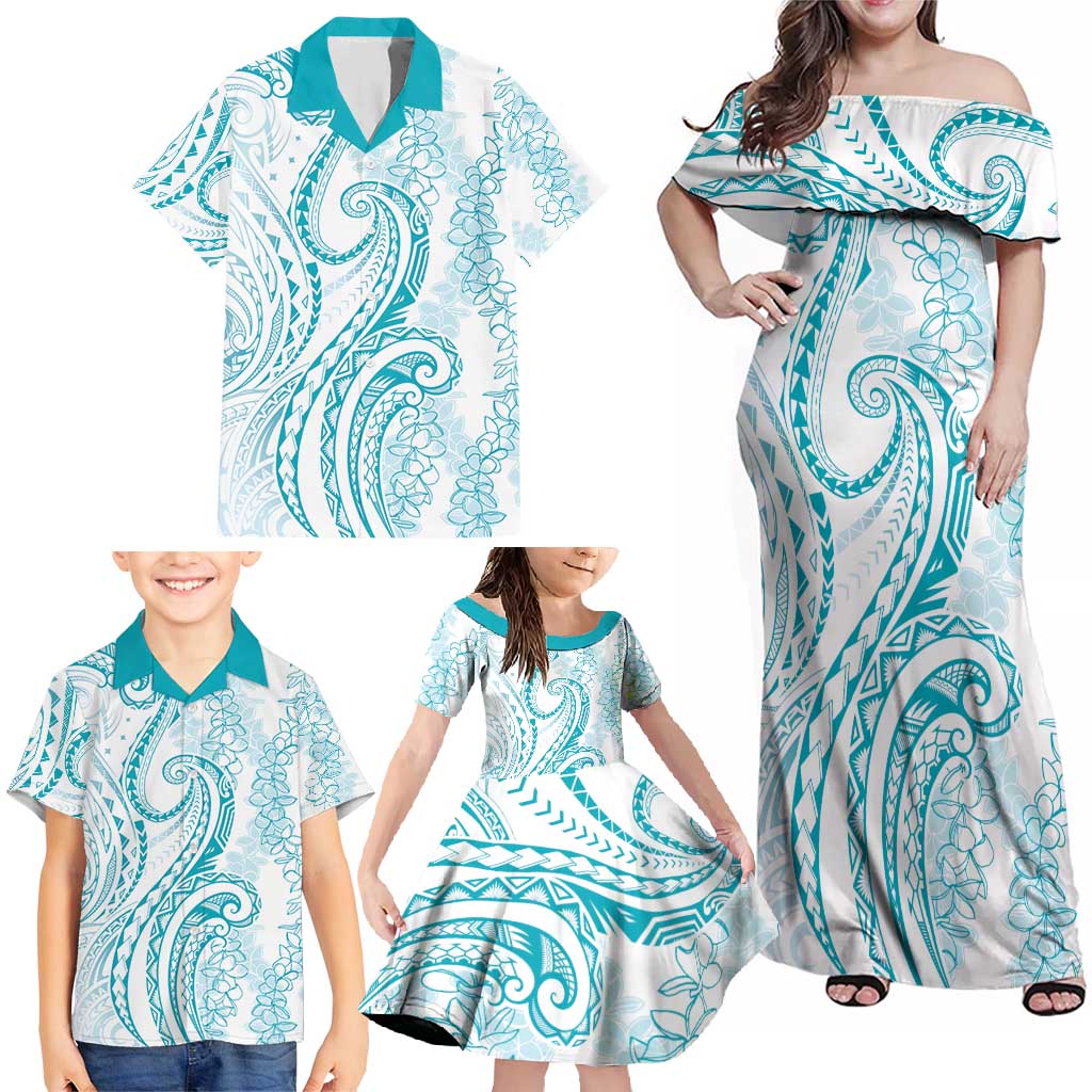 Polynesia Plumeria Lei Family Matching Off Shoulder Maxi Dress and Hawaiian Shirt White Turquoise Curves Motif LT7 - Polynesian Pride