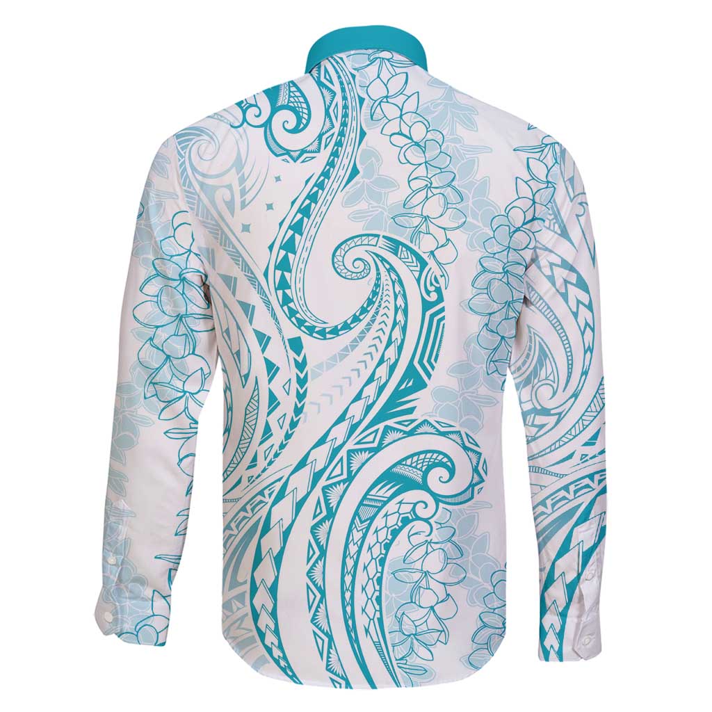 Polynesia Plumeria Lei Family Matching Off Shoulder Maxi Dress and Hawaiian Shirt White Turquoise Curves Motif