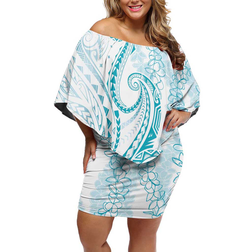 Polynesia Plumeria Lei Family Matching Off Shoulder Short Dress and Hawaiian Shirt White Turquoise Curves Motif