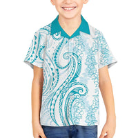 Polynesia Plumeria Lei Family Matching Off Shoulder Short Dress and Hawaiian Shirt White Turquoise Curves Motif