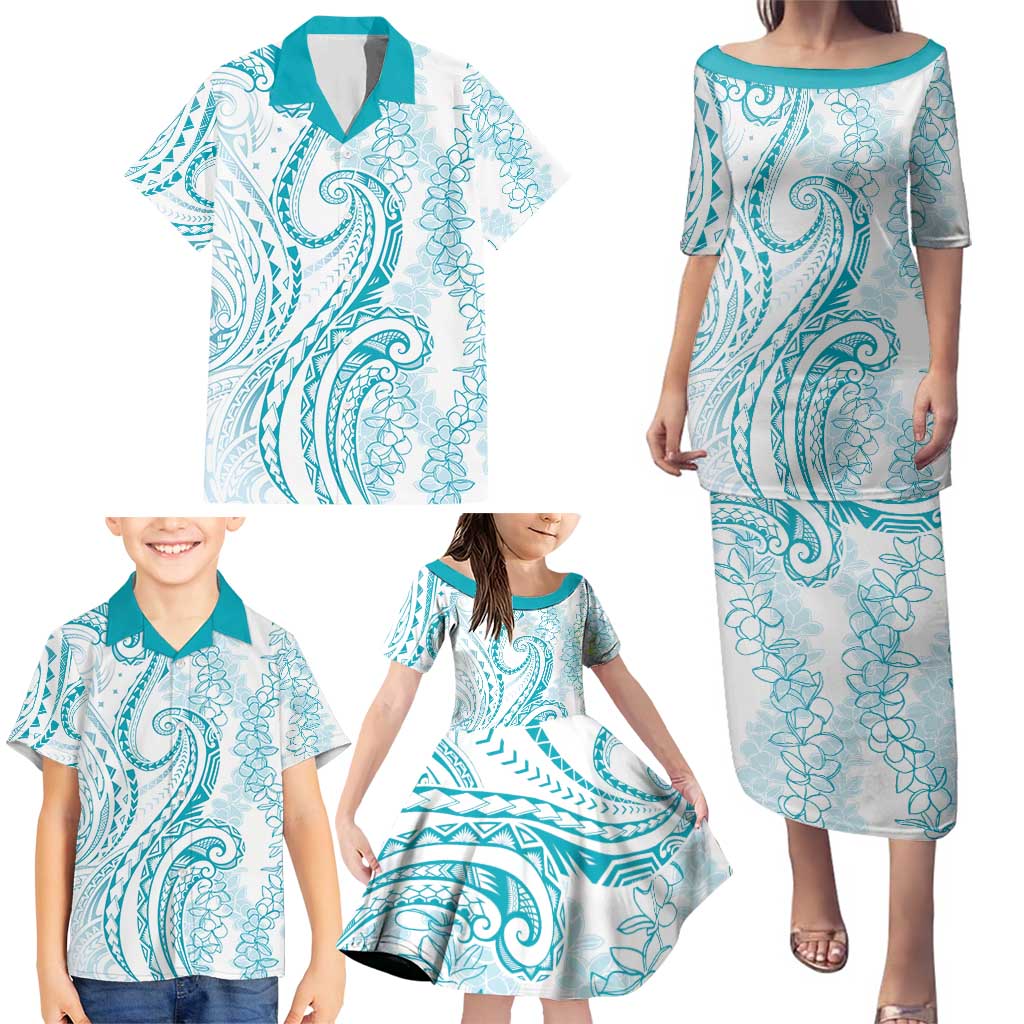 Polynesia Plumeria Lei Family Matching Puletasi and Hawaiian Shirt White Turquoise Curves Motif