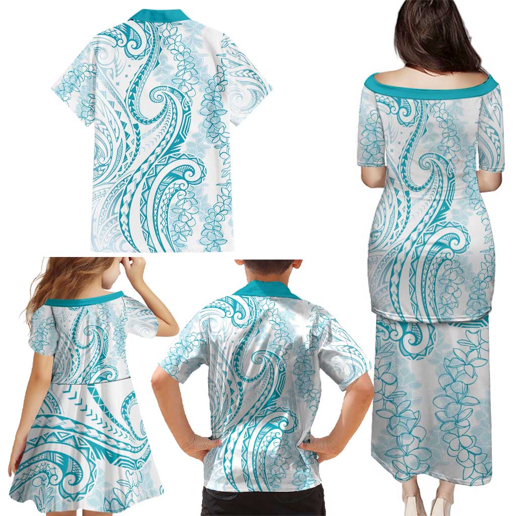 Polynesia Plumeria Lei Family Matching Puletasi and Hawaiian Shirt White Turquoise Curves Motif