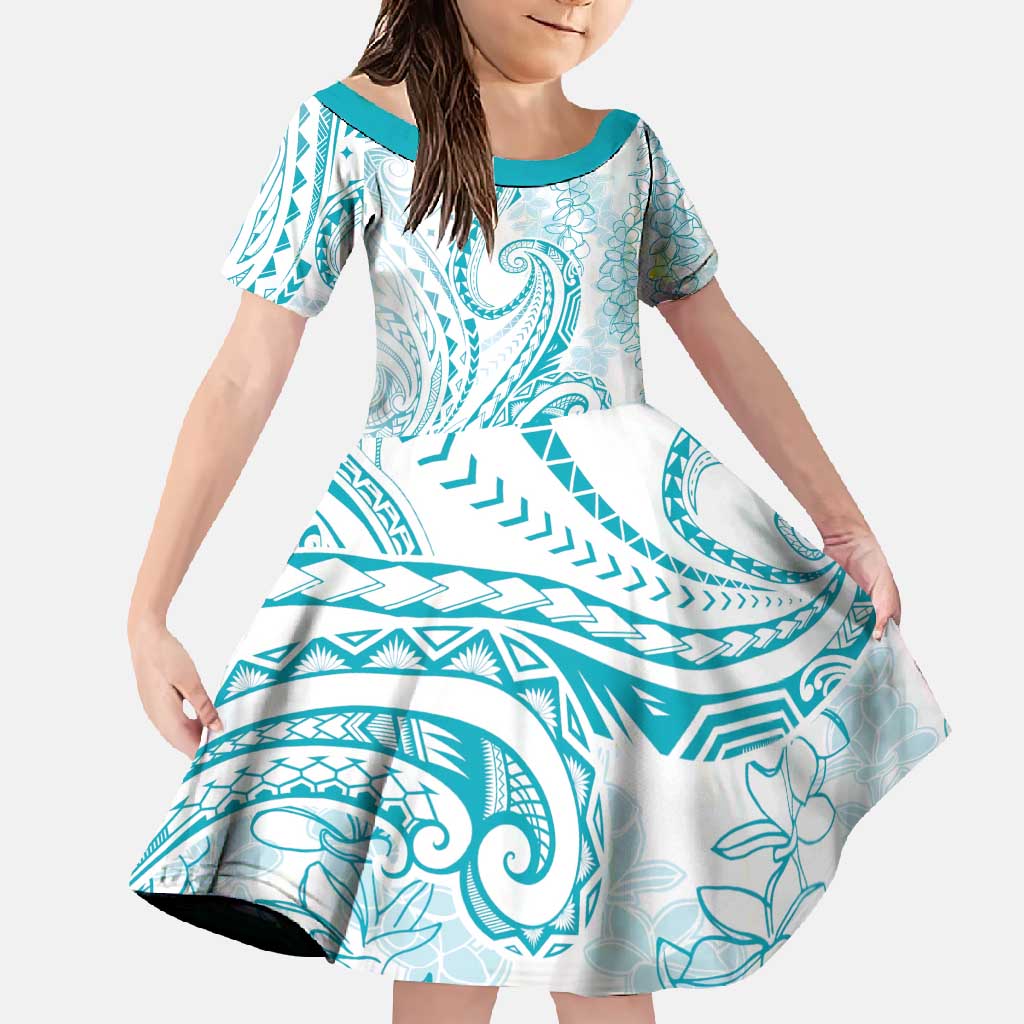 Polynesia Plumeria Lei Family Matching Short Sleeve Bodycon Dress and Hawaiian Shirt White Turquoise Curves Motif