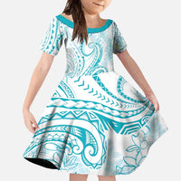 Polynesia Plumeria Lei Family Matching Short Sleeve Bodycon Dress and Hawaiian Shirt White Turquoise Curves Motif
