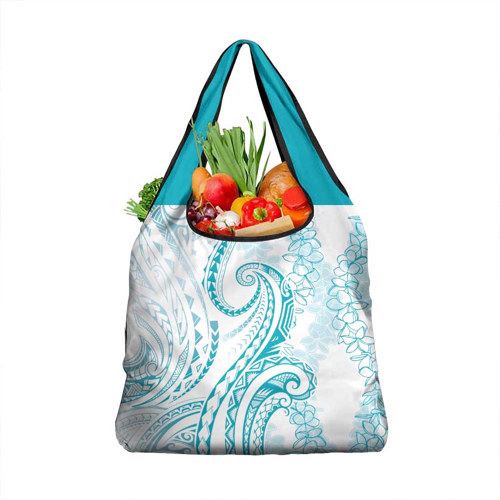 Polynesia Plumeria Lei Grocery Bag White Turquoise Curves Motif LT7 1-pack One Size Turquoise - Polynesian Pride