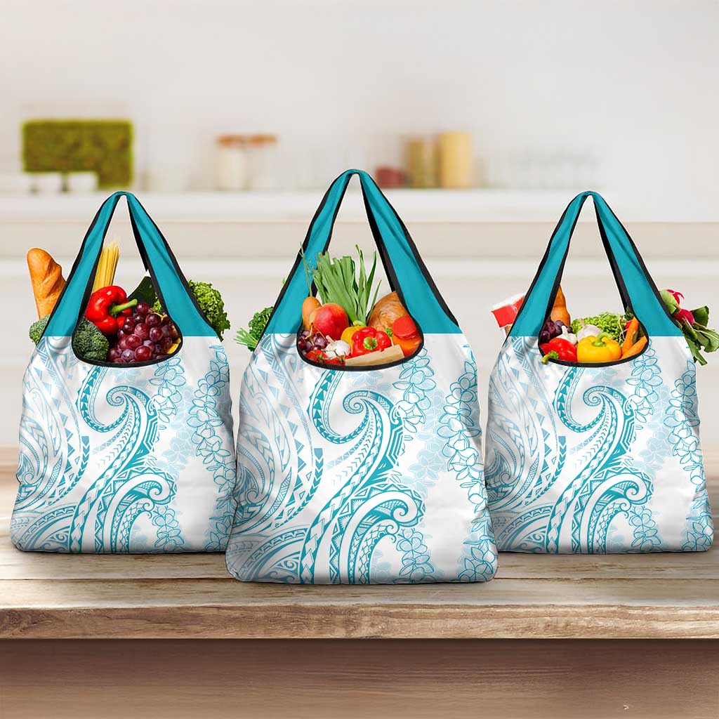 Polynesia Plumeria Lei Grocery Bag White Turquoise Curves Motif LT7 3-pack One Size Turquoise - Polynesian Pride