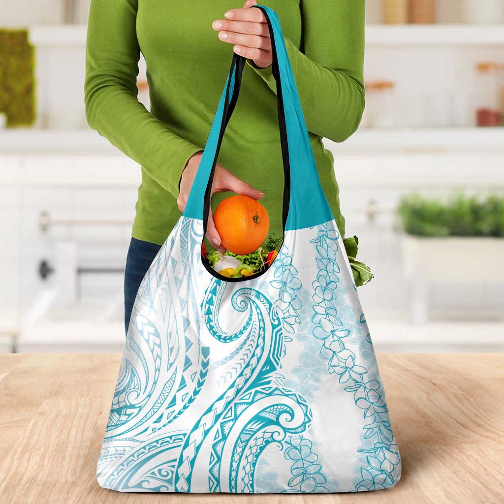 Polynesia Plumeria Lei Grocery Bag White Turquoise Curves Motif LT7 - Polynesian Pride