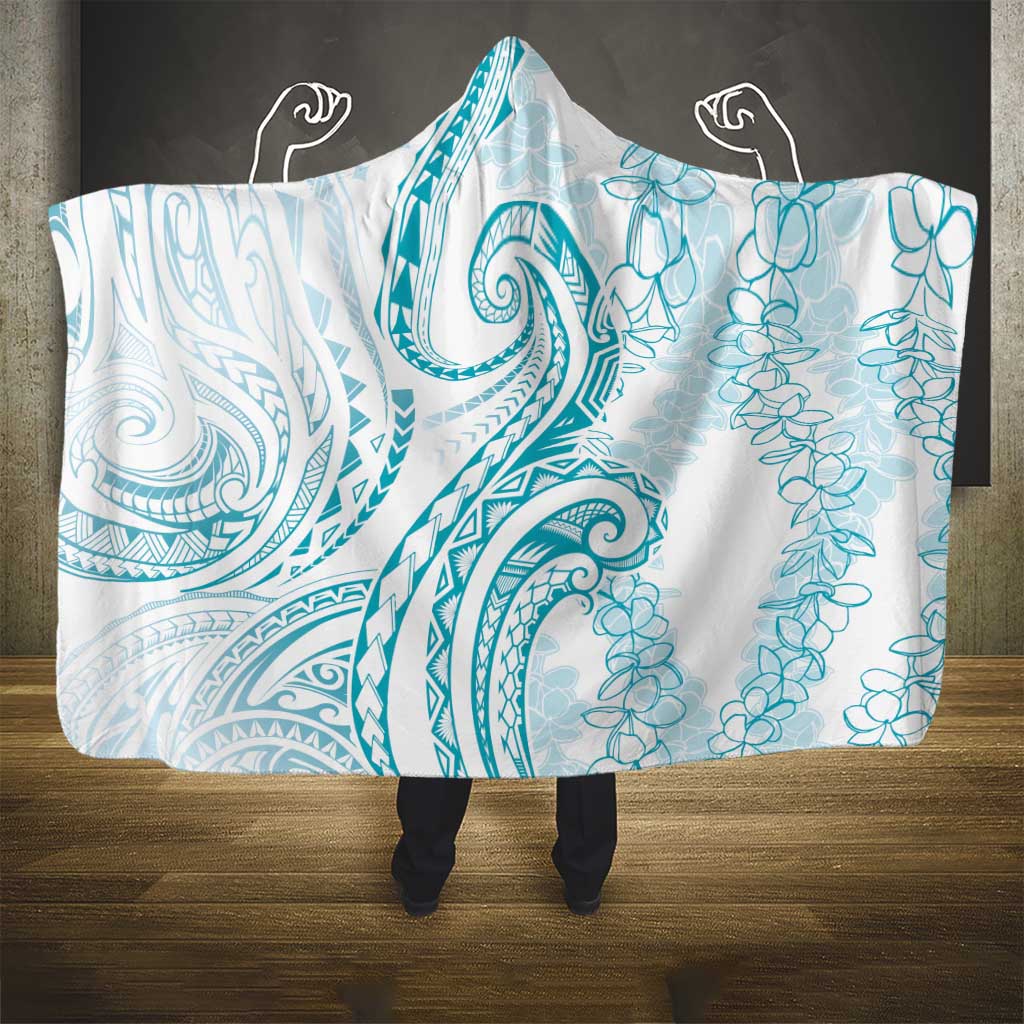 Polynesia Plumeria Lei Hooded Blanket White Turquoise Curves Motif