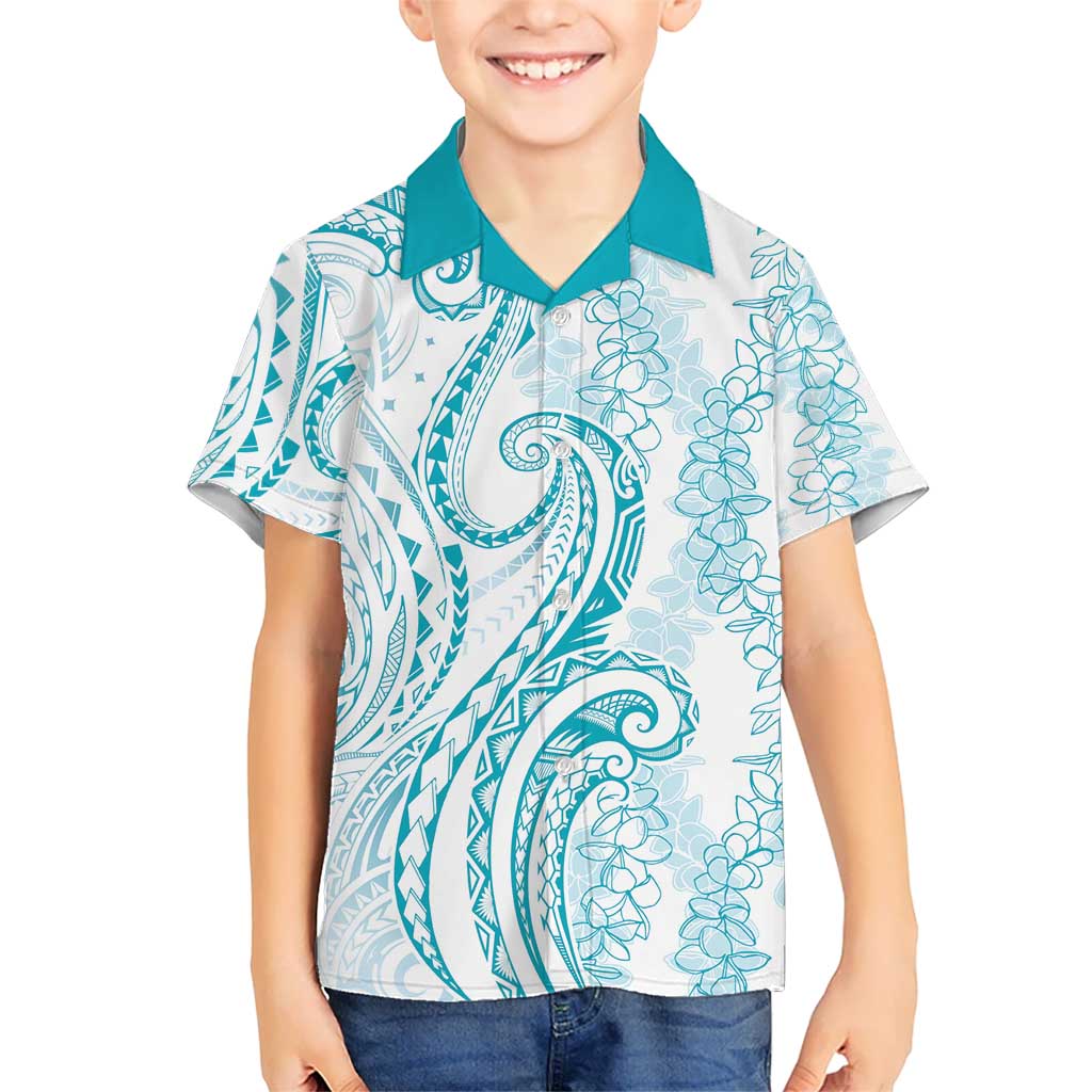 Polynesia Plumeria Lei Kid Hawaiian Shirt White Turquoise Curves Motif LT7 Kid Turquoise - Polynesian Pride