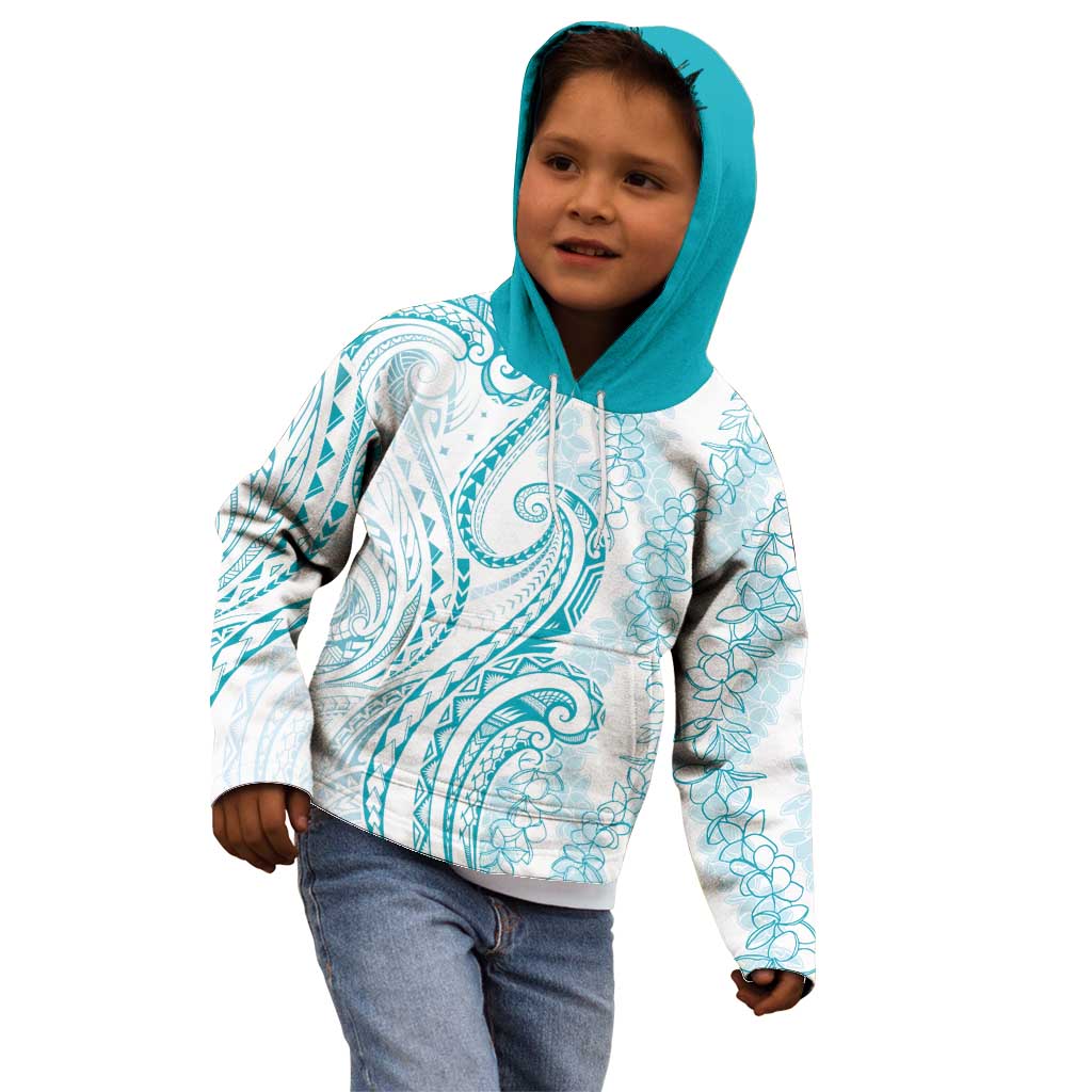 Polynesia Plumeria Lei Kid Hoodie White Turquoise Curves Motif