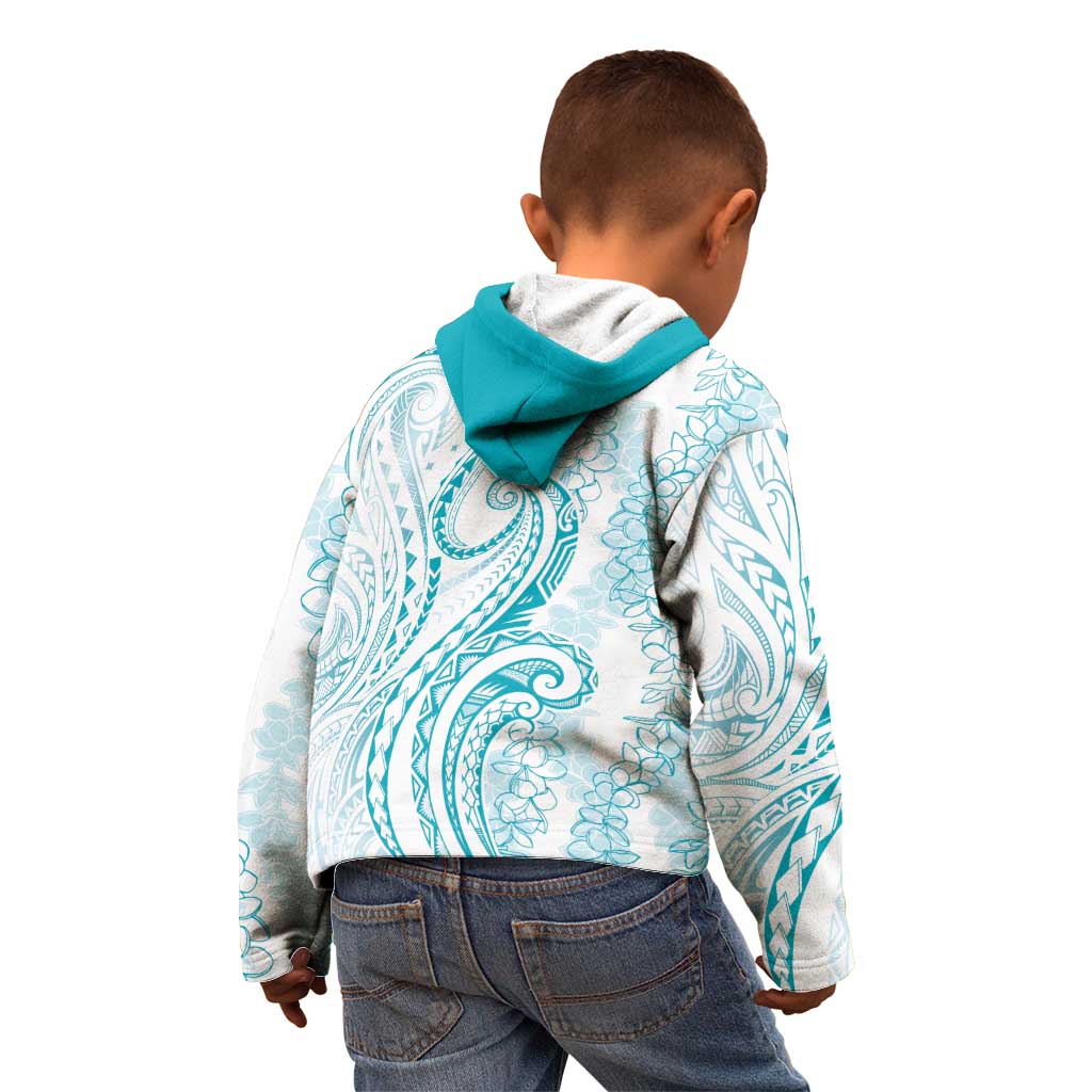 Polynesia Plumeria Lei Kid Hoodie White Turquoise Curves Motif