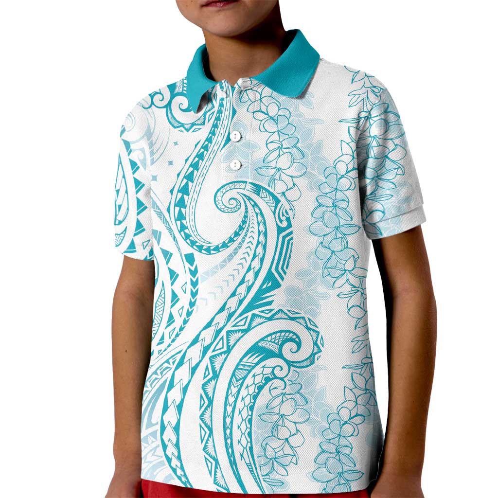 Polynesia Plumeria Lei Kid Polo Shirt White Turquoise Curves Motif