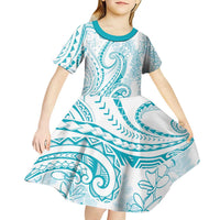 Polynesia Plumeria Lei Kid Short Sleeve Dress White Turquoise Curves Motif LT7 - Polynesian Pride