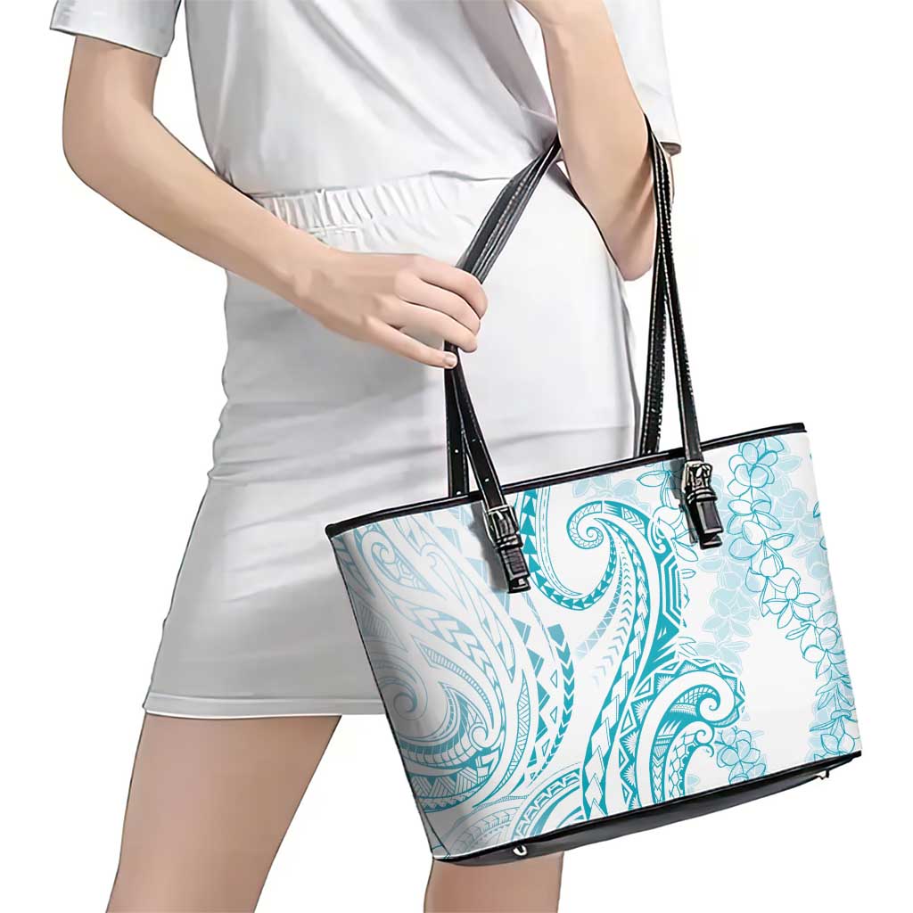 Polynesia Plumeria Lei Leather Tote Bag White Turquoise Curves Motif