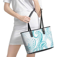 Polynesia Plumeria Lei Leather Tote Bag White Turquoise Curves Motif