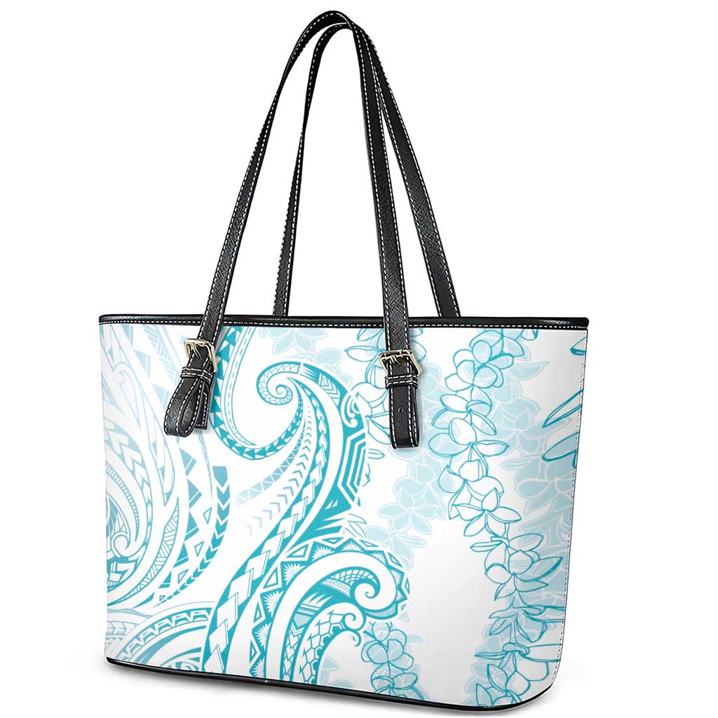 Polynesia Plumeria Lei Leather Tote Bag White Turquoise Curves Motif