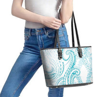 Polynesia Plumeria Lei Leather Tote Bag White Turquoise Curves Motif