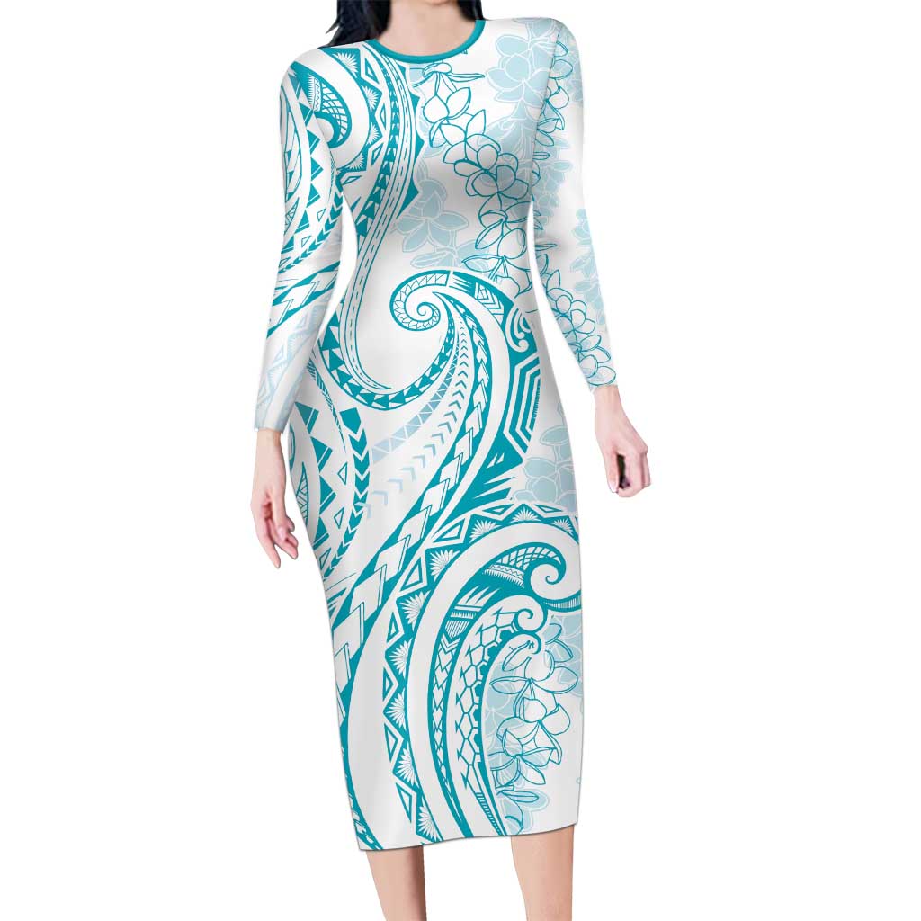 Polynesia Plumeria Lei Long Sleeve Bodycon Dress White Turquoise Curves Motif