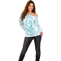 Polynesia Plumeria Lei Off Shoulder Sweater White Turquoise Curves Motif