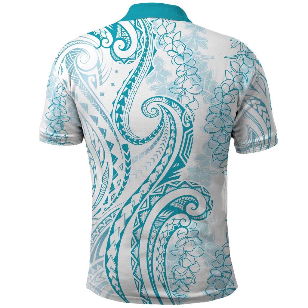 Polynesia Plumeria Lei Polo Shirt White Turquoise Curves Motif
