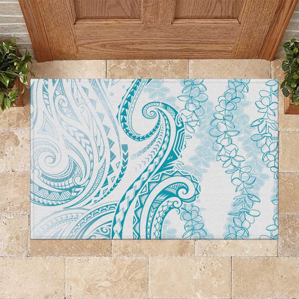 Polynesia Plumeria Lei Rubber Doormat White Turquoise Curves Motif LT7 Turquoise - Polynesian Pride