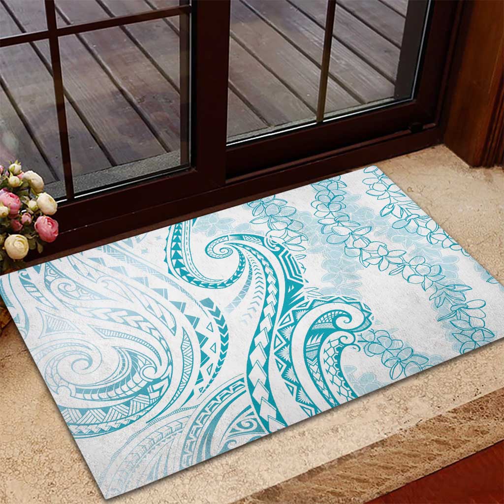 Polynesia Plumeria Lei Rubber Doormat White Turquoise Curves Motif LT7 - Polynesian Pride