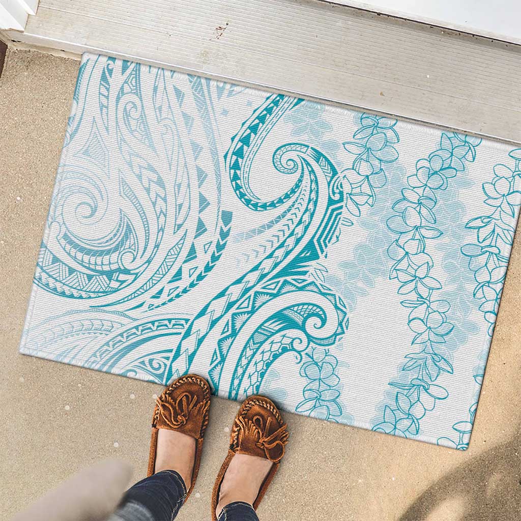 Polynesia Plumeria Lei Rubber Doormat White Turquoise Curves Motif LT7 - Polynesian Pride