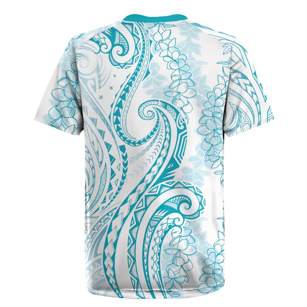 Polynesia Plumeria Lei Rugby Jersey White Turquoise Curves Motif