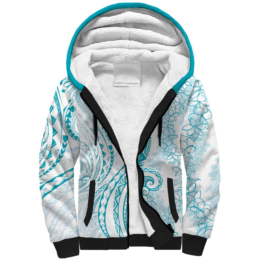 Polynesia Plumeria Lei Sherpa Hoodie White Turquoise Curves Motif LT7 Unisex Turquoise - Polynesian Pride