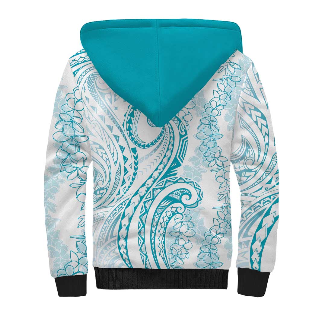 Polynesia Plumeria Lei Sherpa Hoodie White Turquoise Curves Motif LT7 - Polynesian Pride
