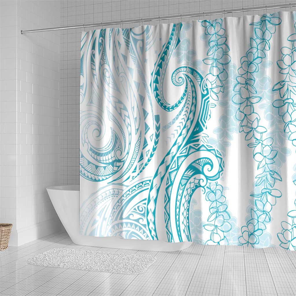 Polynesia Plumeria Lei Shower Curtain White Turquoise Curves Motif