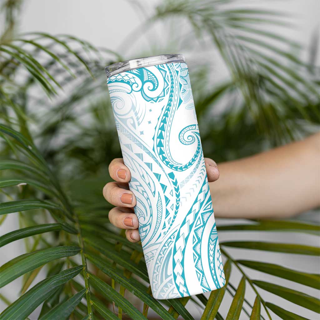 Polynesia Plumeria Lei Skinny Tumbler White Turquoise Curves Motif