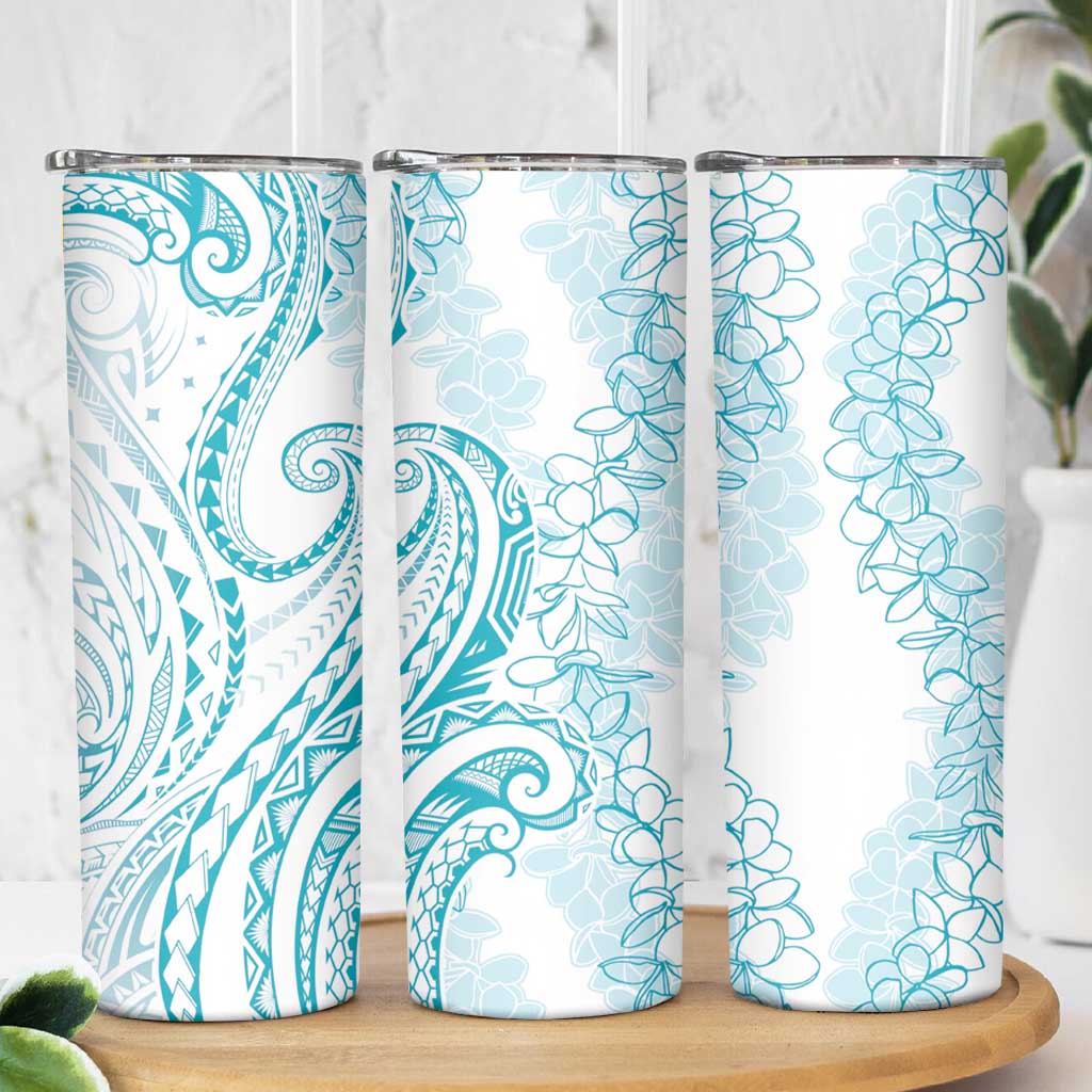 Polynesia Plumeria Lei Skinny Tumbler White Turquoise Curves Motif