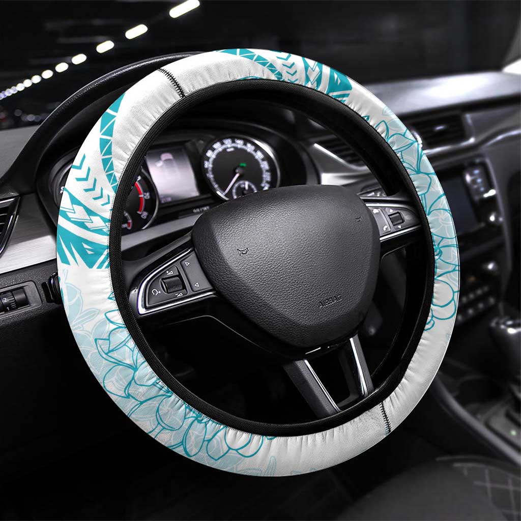 Polynesia Plumeria Lei Steering Wheel Cover White Turquoise Curves Motif LT7 Universal Fit Turquoise - Polynesian Pride