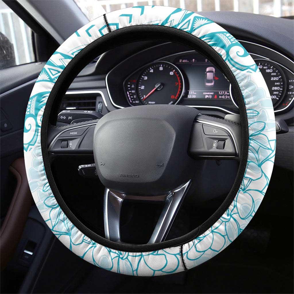 Polynesia Plumeria Lei Steering Wheel Cover White Turquoise Curves Motif LT7 - Polynesian Pride