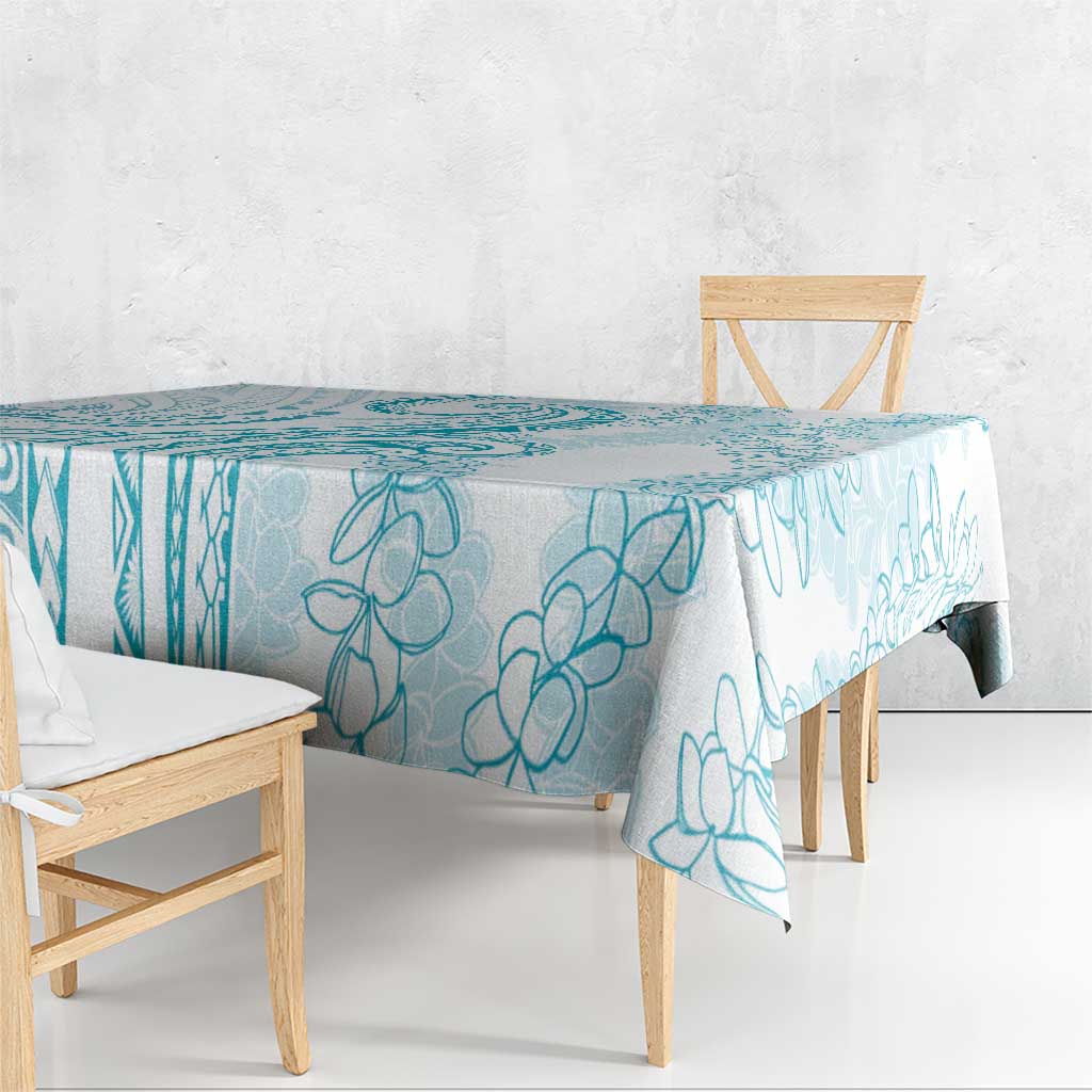 Polynesia Plumeria Lei Tablecloth White Turquoise Curves Motif LT7 - Polynesian Pride