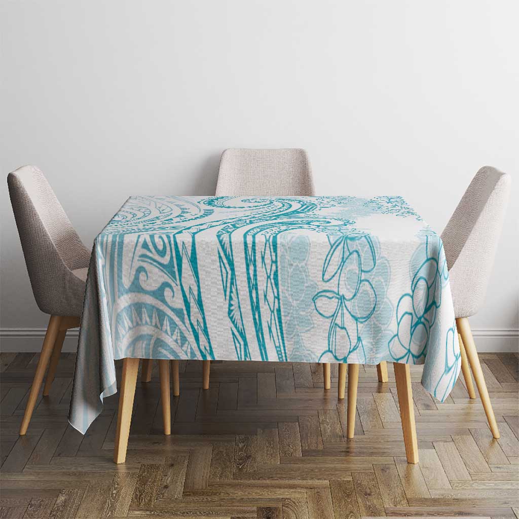 Polynesia Plumeria Lei Tablecloth White Turquoise Curves Motif LT7 - Polynesian Pride