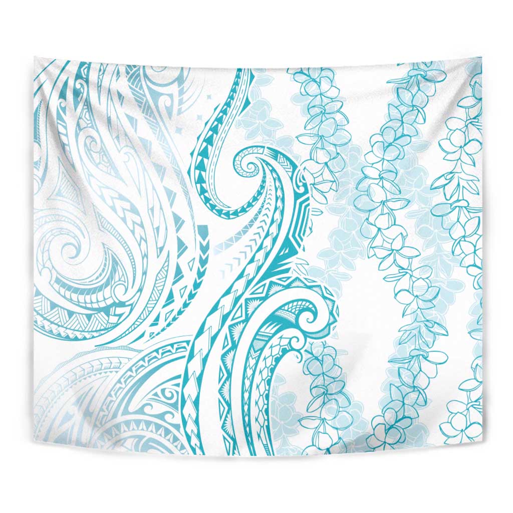 Polynesia Plumeria Lei Tapestry White Turquoise Curves Motif