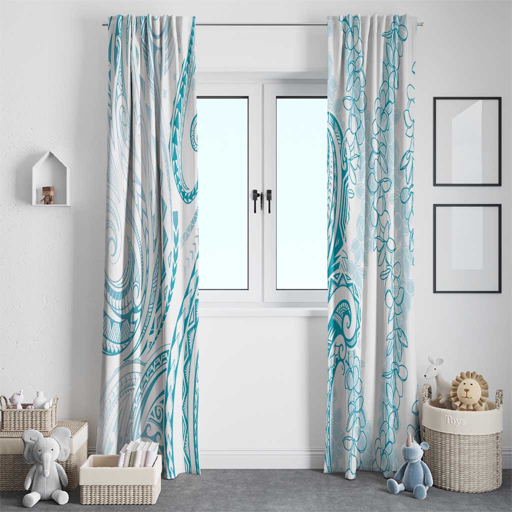 Polynesia Plumeria Lei Window Curtain White Turquoise Curves Motif