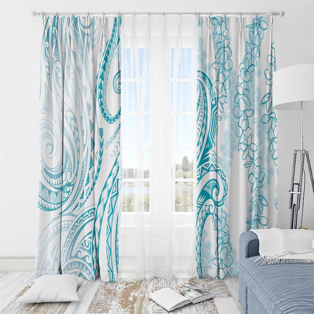 Polynesia Plumeria Lei Window Curtain White Turquoise Curves Motif