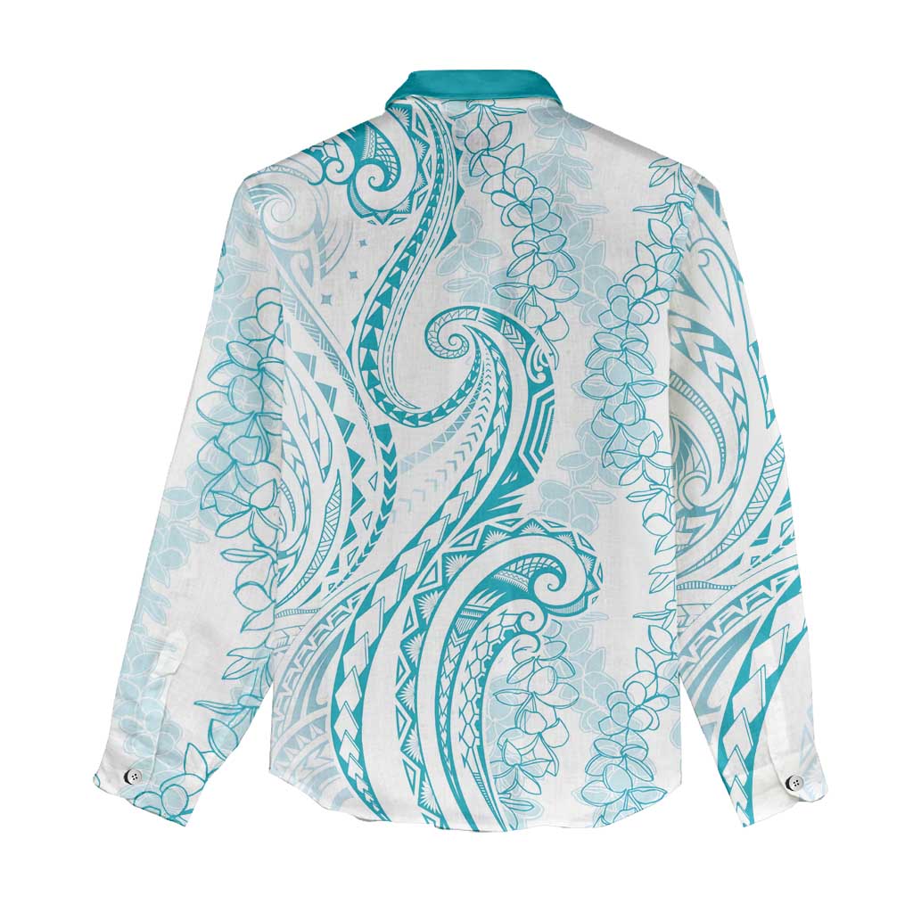 Polynesia Plumeria Lei Women Casual Shirt White Turquoise Curves Motif