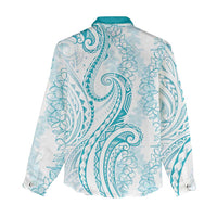 Polynesia Plumeria Lei Women Casual Shirt White Turquoise Curves Motif
