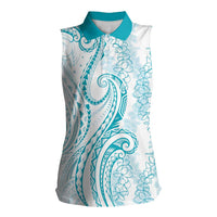 Polynesia Plumeria Lei Women Sleeveless Polo Shirt White Turquoise Curves Motif
