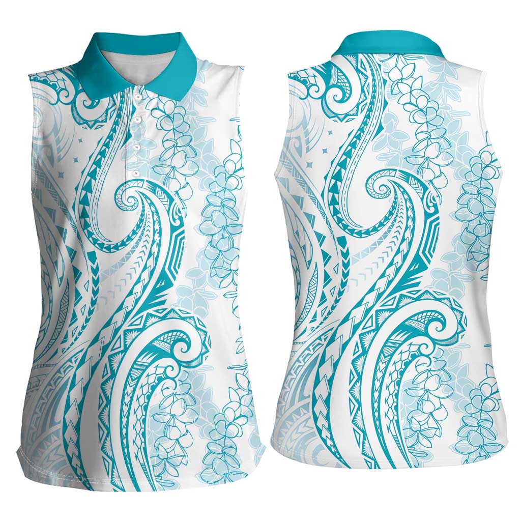 Polynesia Plumeria Lei Women Sleeveless Polo Shirt White Turquoise Curves Motif