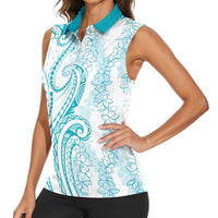Polynesia Plumeria Lei Women Sleeveless Polo Shirt White Turquoise Curves Motif